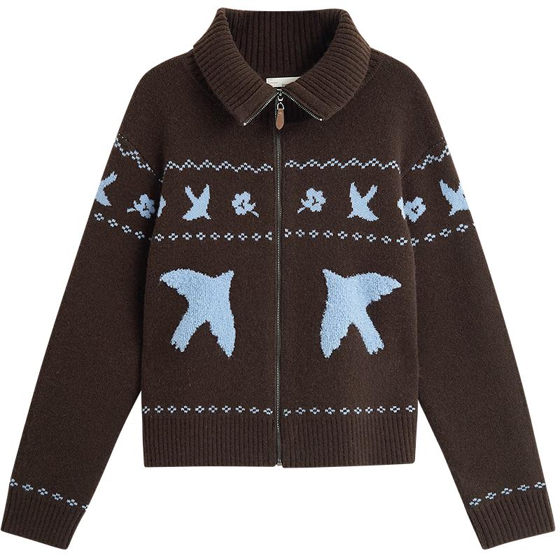 INMAN Women's Jacquard Turn-down Collar Knit Cardigan