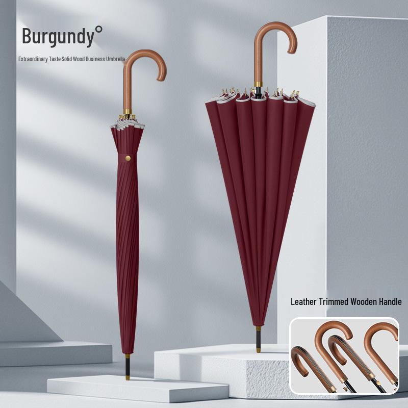 Men's Extra Large 24-Rib Solid Color Business Umbrella with Wooden Handle and Logo Print