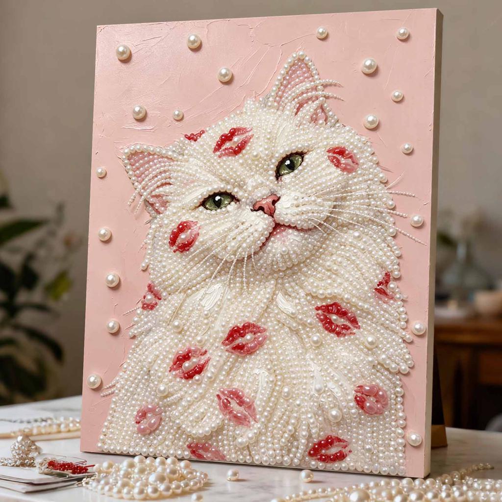 Easy DIY Framed Pearl Bead Painting Kit with Romantic Kiss Lips White Cat 3D Sparkling Canvas Art for Home Decoration Gift Idea