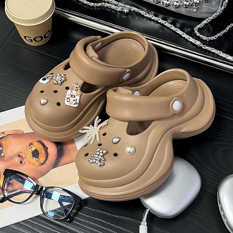 Height-increasing Hole Shoes Women's Summer Wear Non-slip Bear Pearl Flower Bag Head Hole Shoes Two-color Thick-soled Cool Slippers