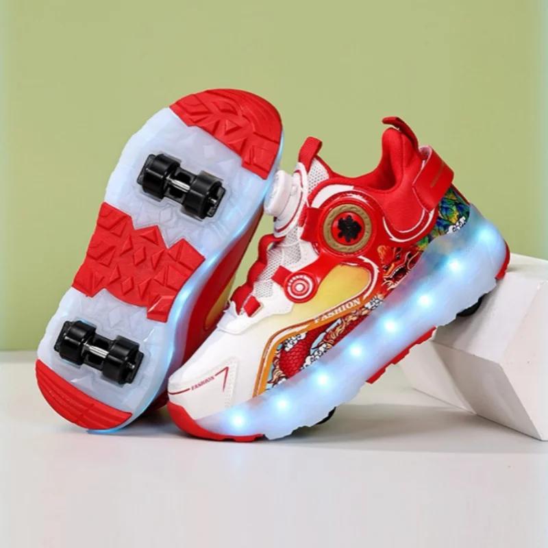 Children Four Wheels Luminous Glowing Sneakers Black Pink Led Light Roller Skate Shoes Kids Led Shoes Boys Girls USB Charging