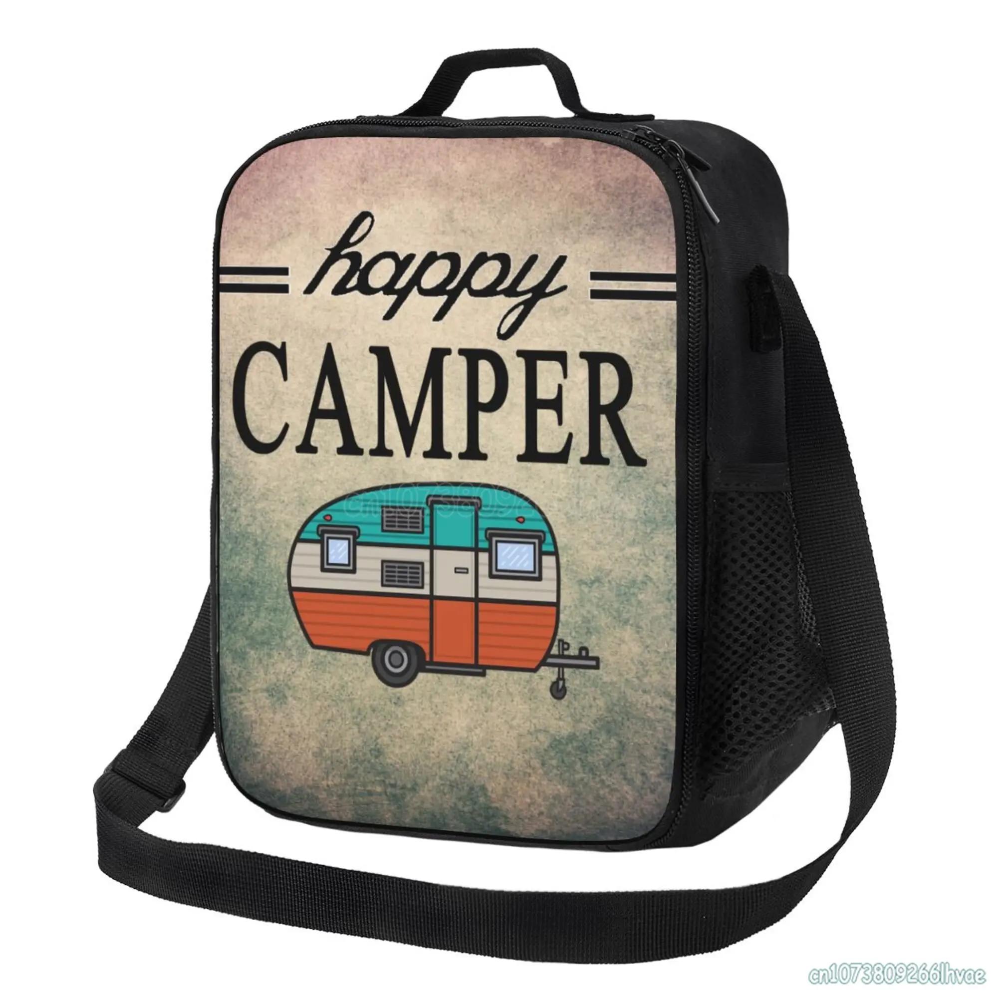 

Happy Camper Insulated Lunch Bags Portable Waterproof Thermal Lunch Box Food Container Bento Tote Pouch with Single Shoulder 26.5x20x11.5CM чёрный