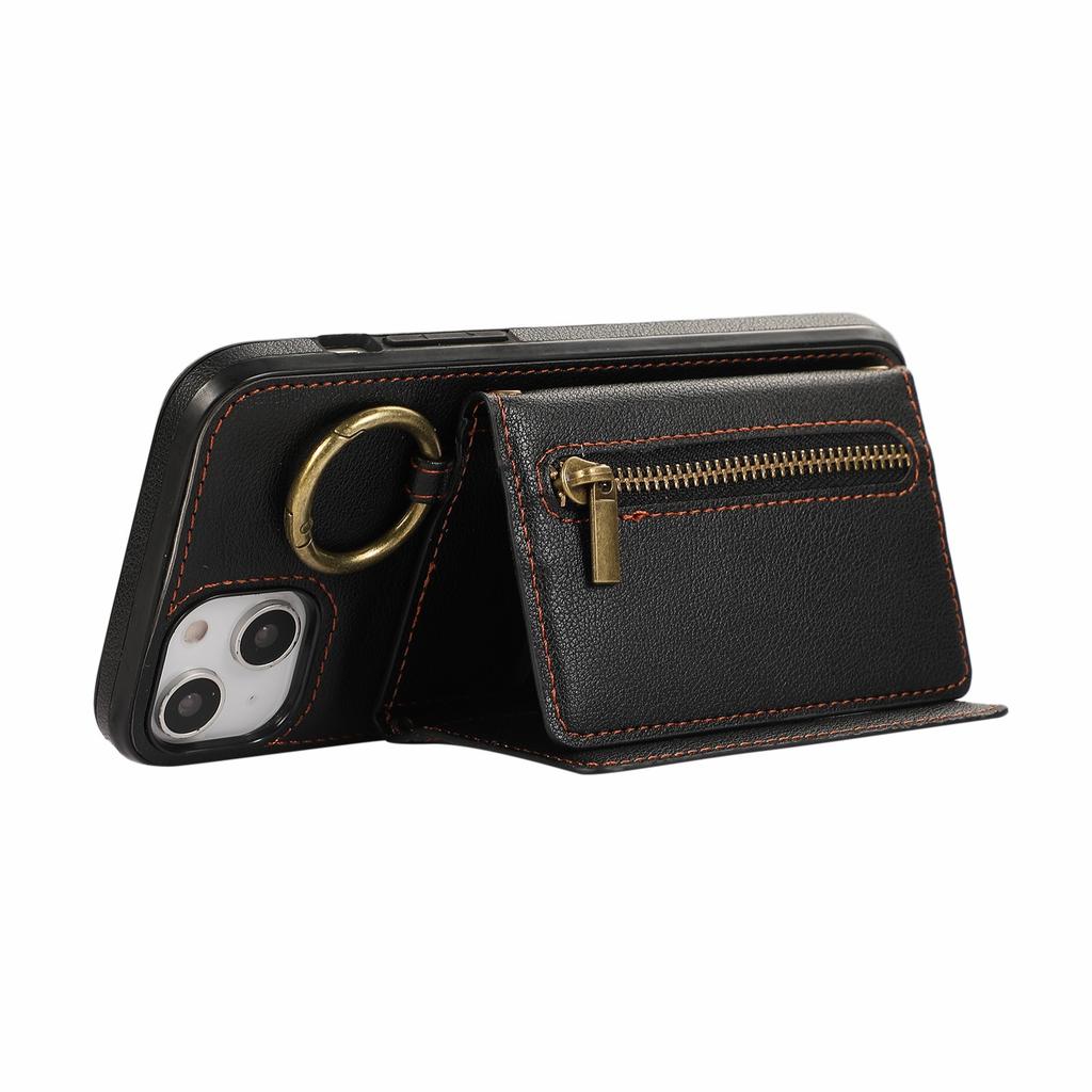 For iPhone 14/13 Leather Back Cover Zipper Wallet Kickstand Phone Case with Shoulder Strap