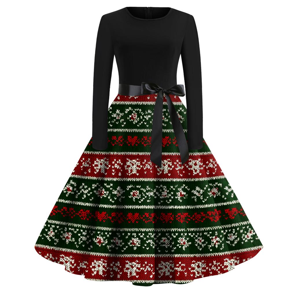 Women's Fashion Casual Round Neck Christmas Print Long Sleeve Dress