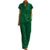 Yousheng Women Cotton Linen 2 Piece Sets Short Sleeve Button Up V Neck And Long Pants Summer Lounge Outfits with Pockets