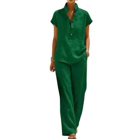 Yousheng Women Cotton Linen 2 Piece Sets Short Sleeve Button Up V Neck And Long Pants Summer Lounge Outfits with Pockets