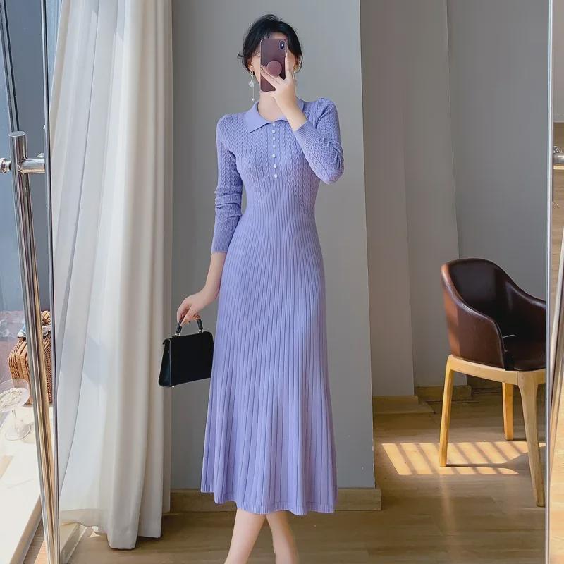 Φόρεμα Α γραμμής στενό πλεκτό γαλλικού στυλ με παλτό - Γυναικεία Φθινοπωρινή/Χειμερινή Συλλογή