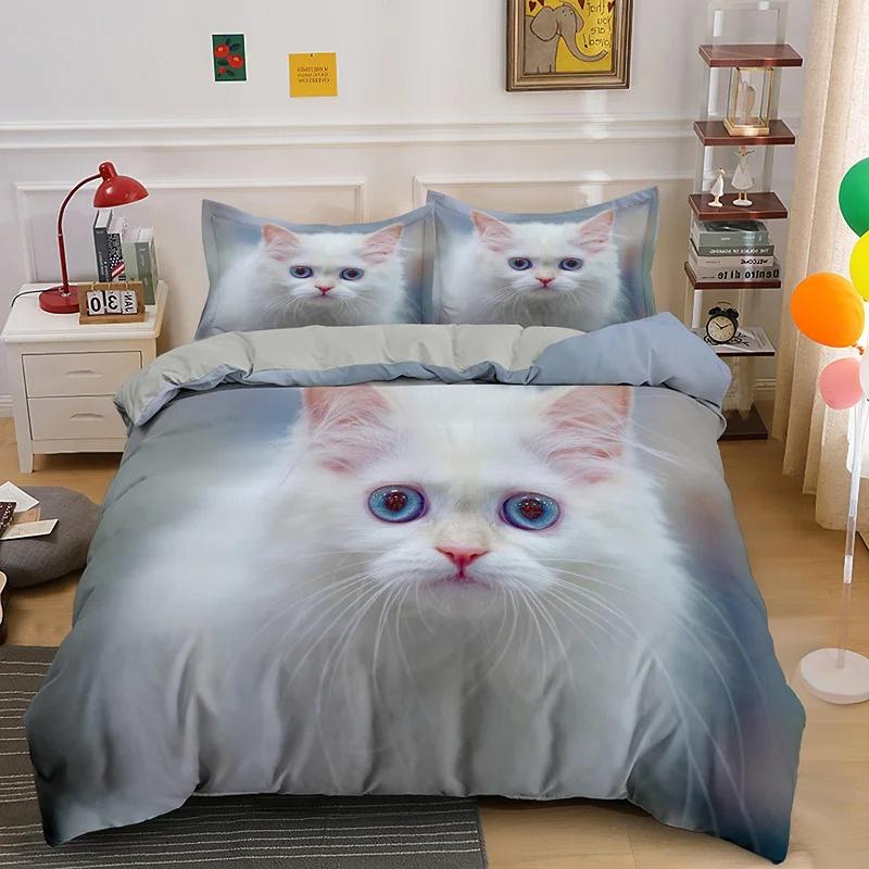 3D Katze Bettwäscheset Luxus Tier Bettbezug mit Kissenbezug Queen King Einzel Doppelgröße für Mädchen Junge Polyester Steppdecke