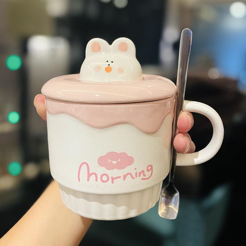 Cute Cartoon Coffee Milk Bear Ice Cream Ceramic Cup with Lid Spoon Girls Water Cup Home Breakfast Oatmeal Cup Mug