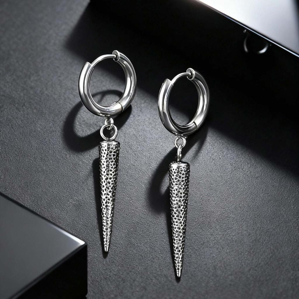 Stainless Steel Punk Gothic Cone Drop Earrings for Men, Fashion Silver Color Long Pendant Earrings, Vintage Hip-hop Jewelry