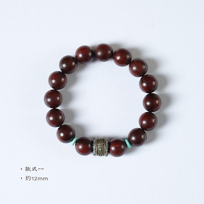 Small-leaf rosewood bracelet with Tibetan silver vajra and rotating beads, single-loop wooden bead bracelet Style 1【about12mm】