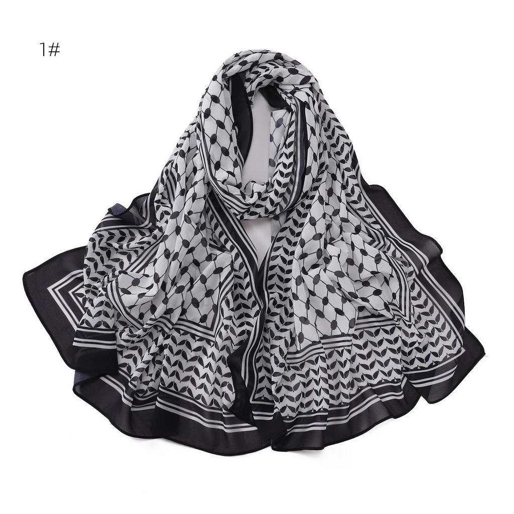 Arabic Pearl Chiffon Desert Hijab: Long Printed Silk Scarf & Sunscreen Headscarf