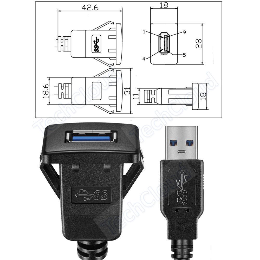 USB 3.0 Flush Mount USB Dock Adapter Dashboard Pan Port Extension Cable For Car Motorcycle DropshipUSB Square Hole Panel Cable