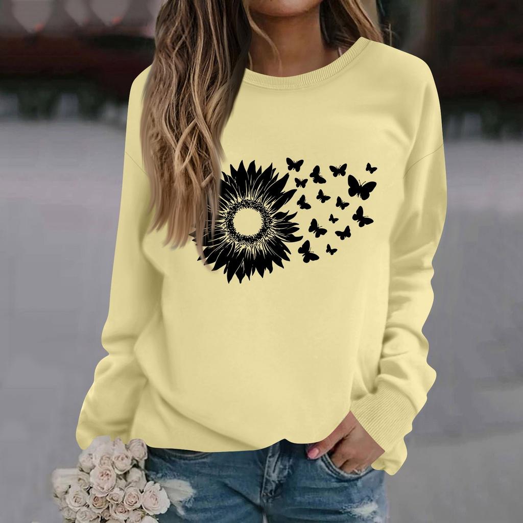 Women's Fashion Casual Long Sleeve Solid Color Printed Round Neck Top Sweatshirt