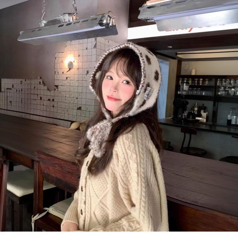 Womens Cute Polka Dot Fuzzy Knit Ear Flap Hat Soft Warm Fabric Adjustable Tie Strings For Winter Daily Wear Outdoor Activities