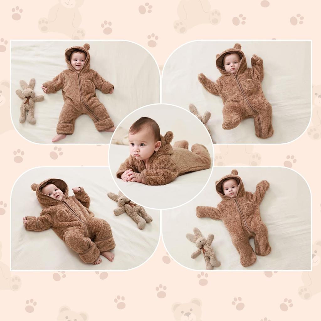Fairy Baby Elf Baby Romper Fluffy Baby Boys and Girls Long Sleeve Jumpsuit with Hood and Bear Warm Cute Newborn Gift Size Coverall, Ears, Thick,