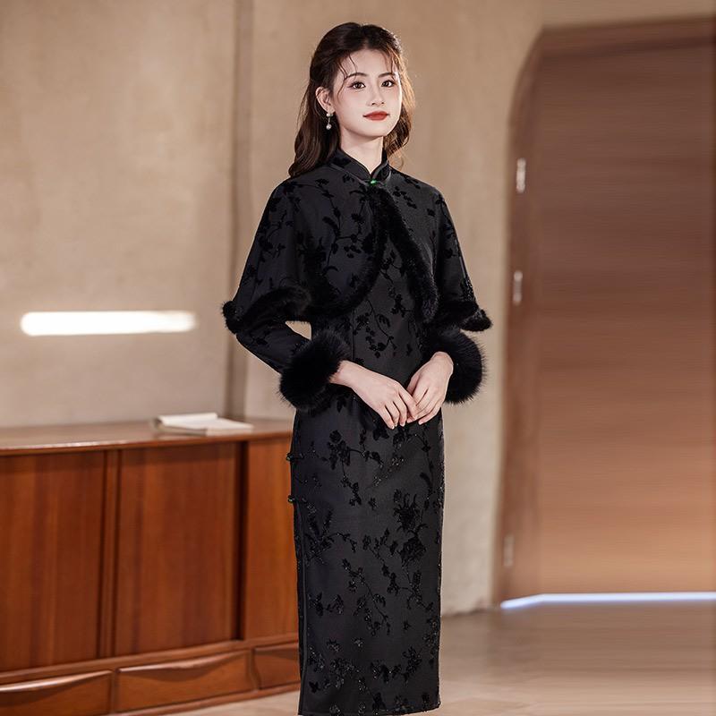 Black Fleece-Lined Modern Chinese Style Long Sleeve Cheongsam Dress With Shawl Winter Women Vintage Elegant Outfit
