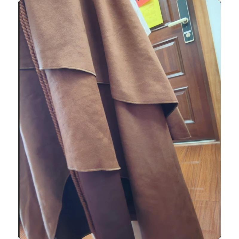 Women's Faux Suede Skirt Boho High Waist Irregular Handkerchief Hem Tie Front Tassel Mid Calf Length Western Style