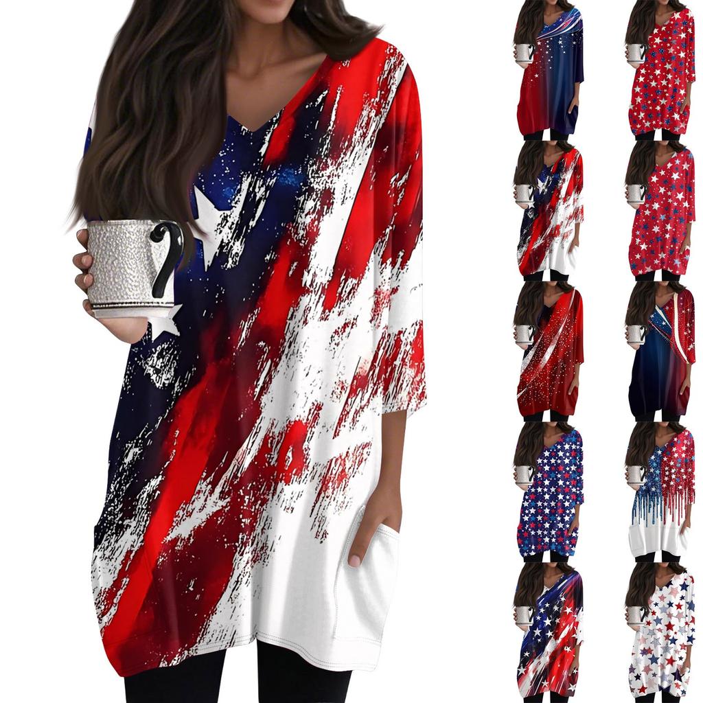 Kadın Günlük 3/4 Kollu Gömlekler Moda Baskılı Cepli Tunik Üstler