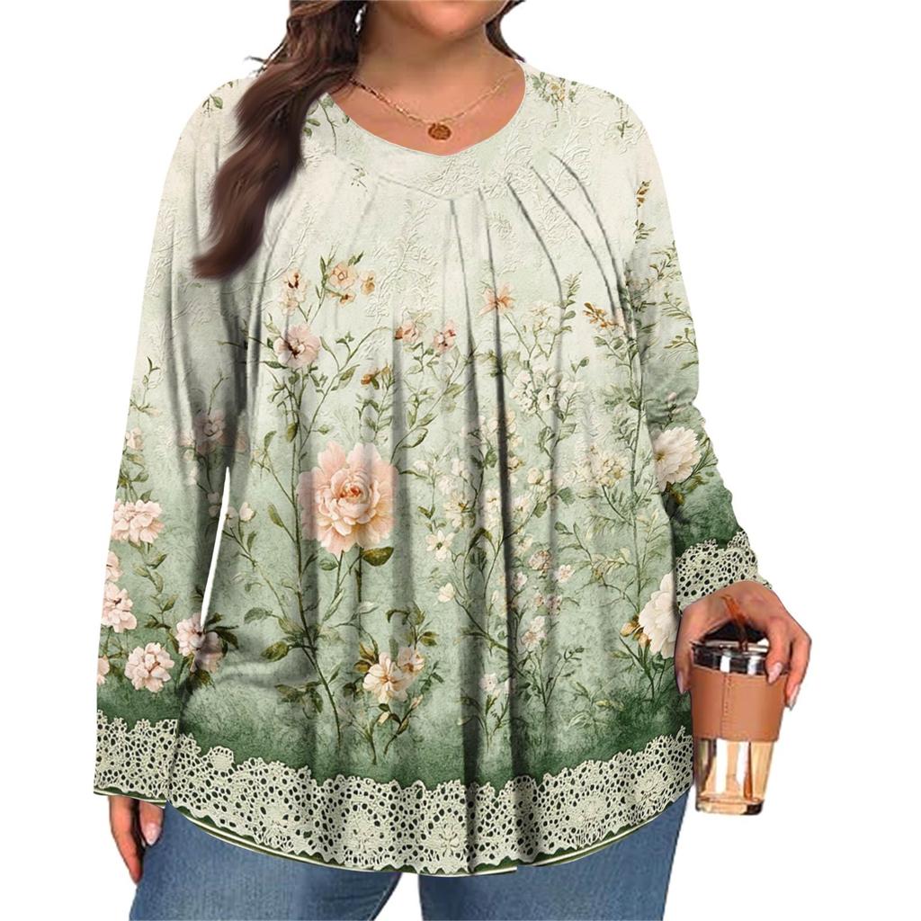 Women's Plus Size Fashion  Printed Casual Pleated Round Neck Long Sleeve Top