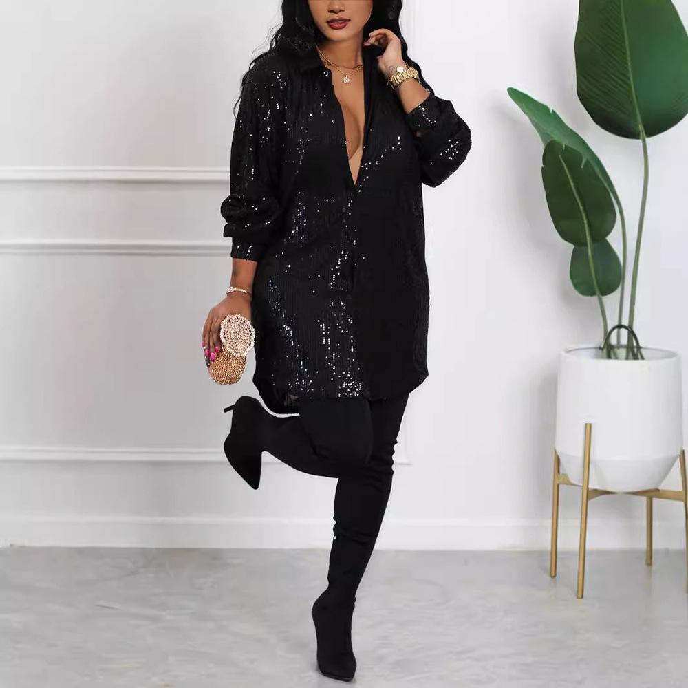 

HZ275 Европейское и американское женское осеннее однотонное платье-рубашка свободного кроя с пайетками M чёрный