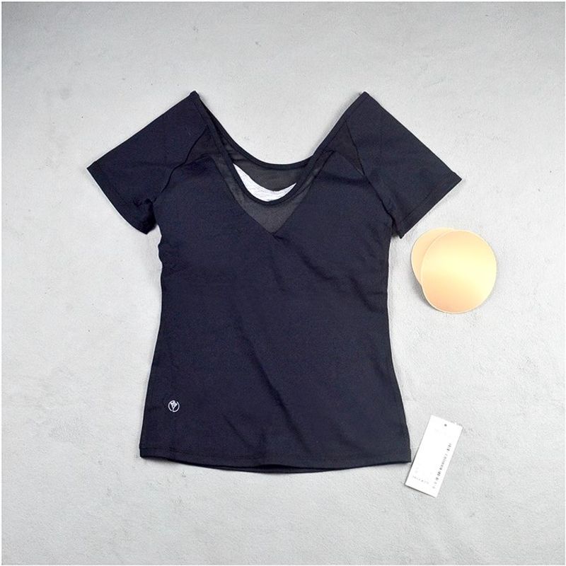 

Женская футболка для йоги Облегающая Амортизирующая Быстросохнущая Дышащая из Спанной Пряжи Фитнес Спорт Подкладка Футболка с Коротким Рукавом Розовая Black M