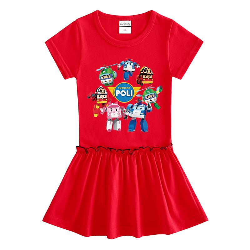 Summer Cartoon Raglan Color Block Pleated Dress for Girls - Stylish Short Sleeve Ruffle Skirt