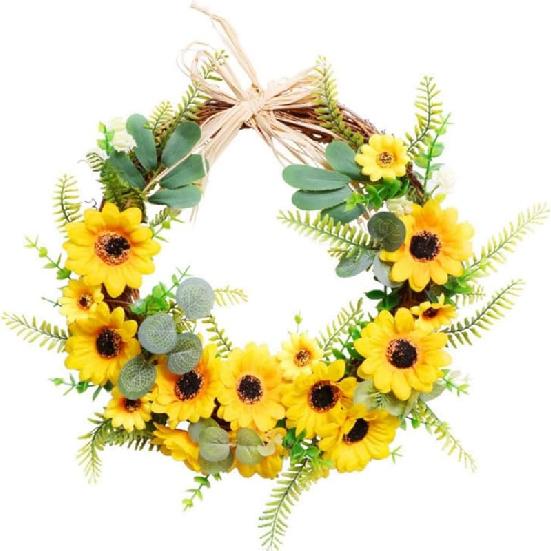 15.7inch Artificial Sunflower Wreath Yellow Flower Wreath for Front Door Wall Window Hanging Decor Front Door Farmhouse (Beige)