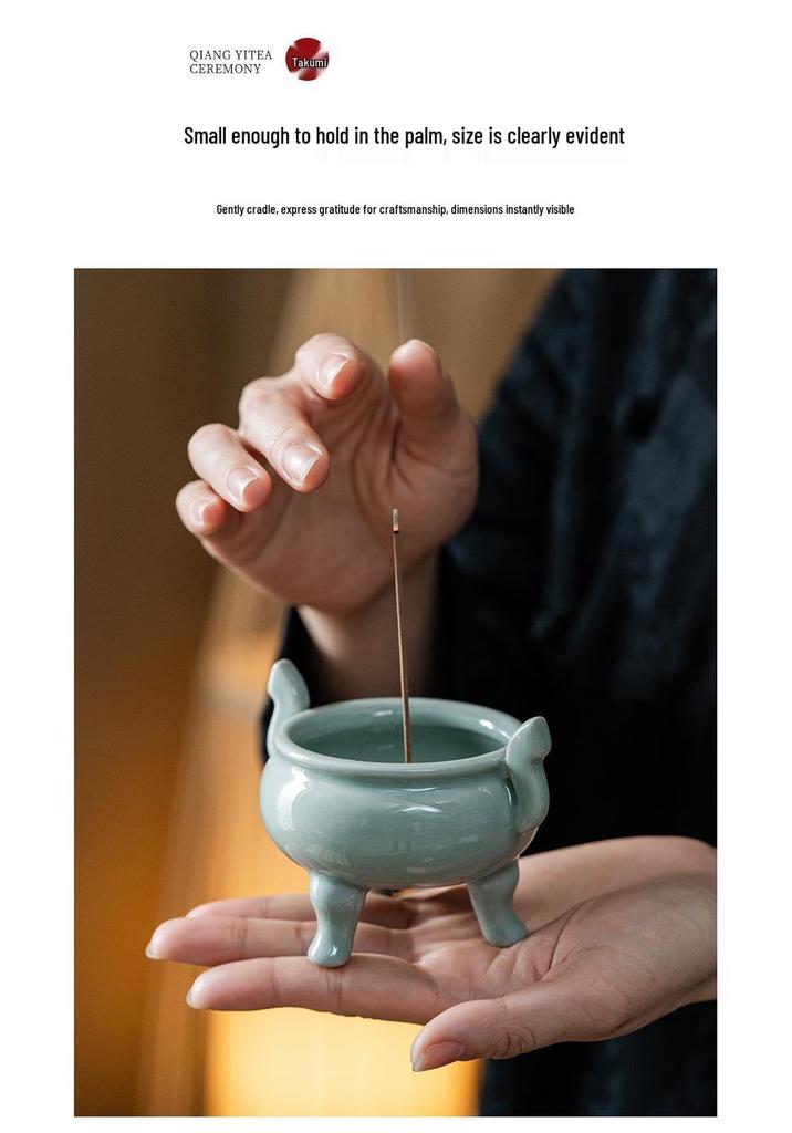 Celadon Ceramic Tripod Incense Holder for Home, Small Size, Ideal for Stick and Sandalwood Incense, Buddha Altar Supplies.