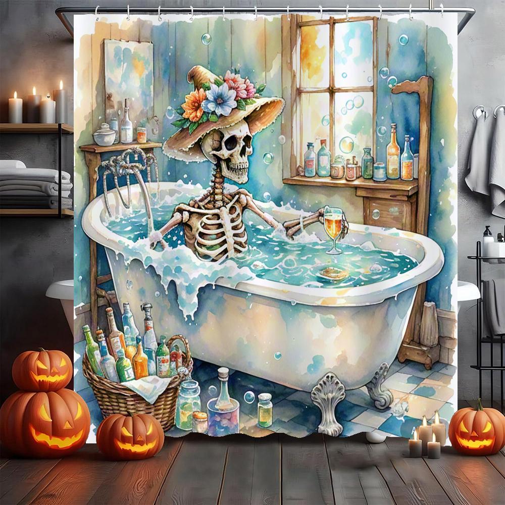 Amusing and Creative Skeleton Skull Shower Curtain Waterproof Bathroom Curtain Funny Scary Halloween Home Decorative Curtain