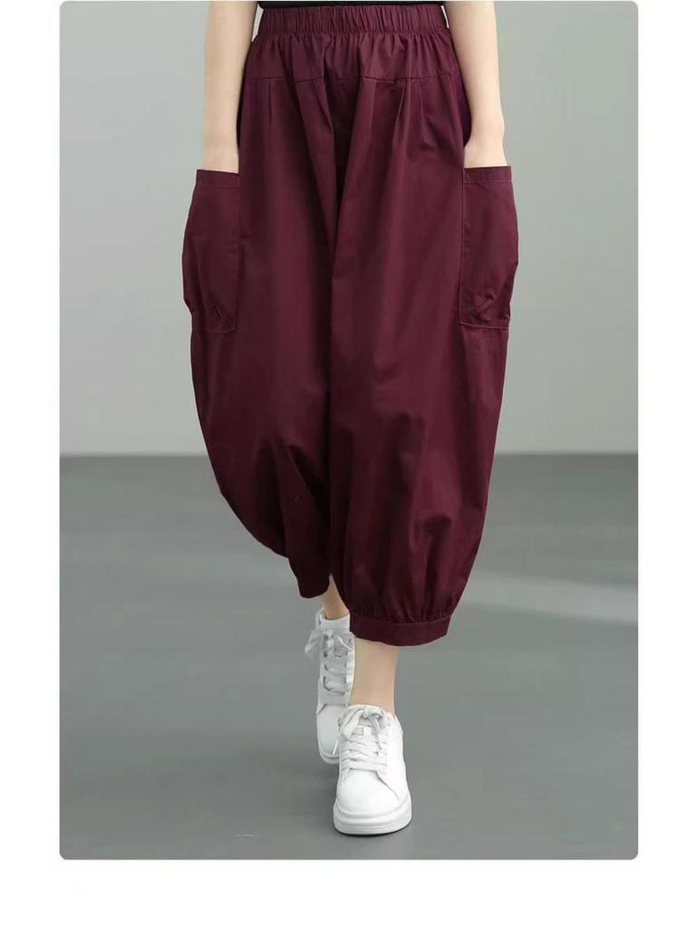 Pure Cotton Women's Slim Harem Pants - 2024 Summer High Waist Bloomers with Loose Cuffs and Plus Sizes
