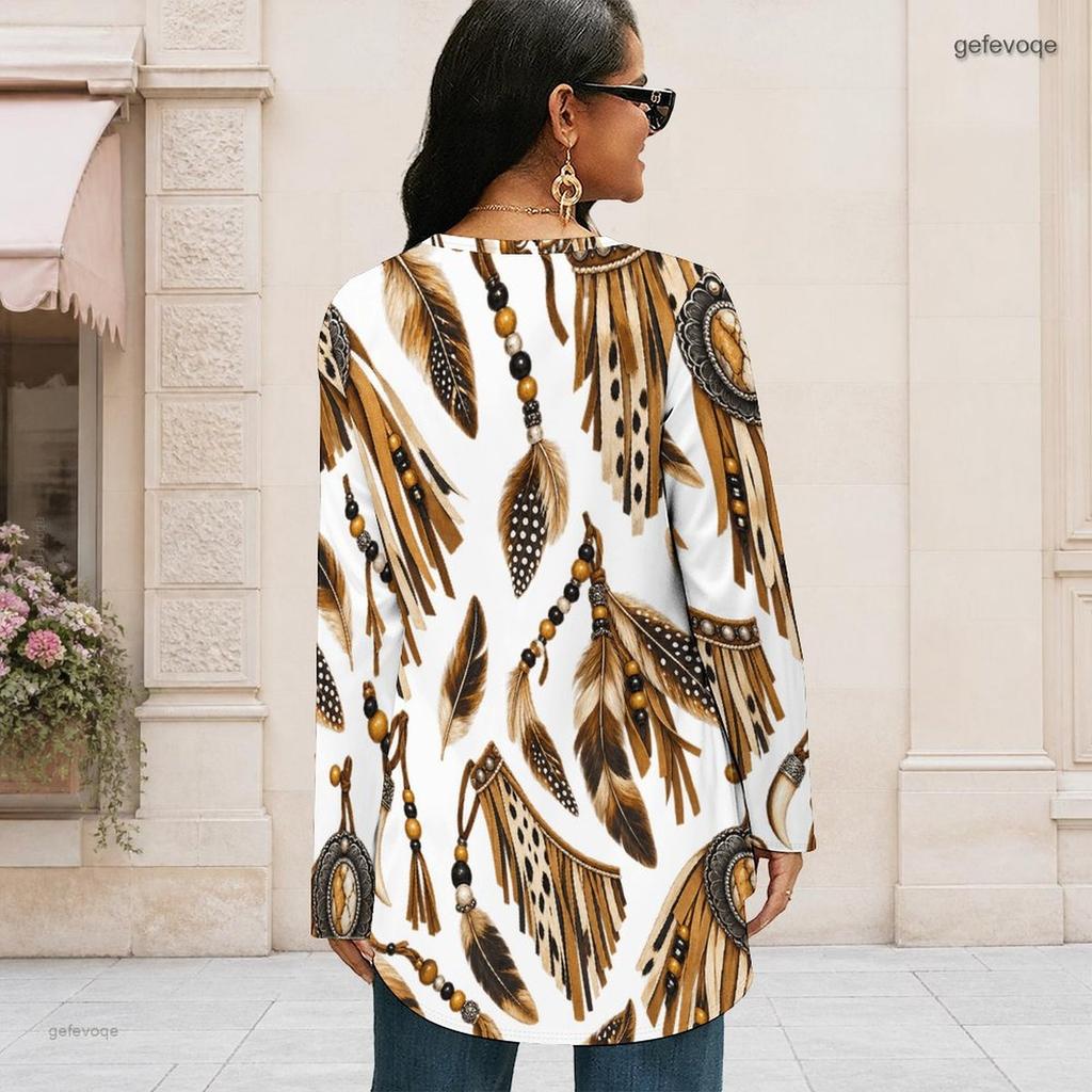 Women Plus Size Round Neck Long Sleeve Paisley Floral Printed Loose High Low Hem T Shirt