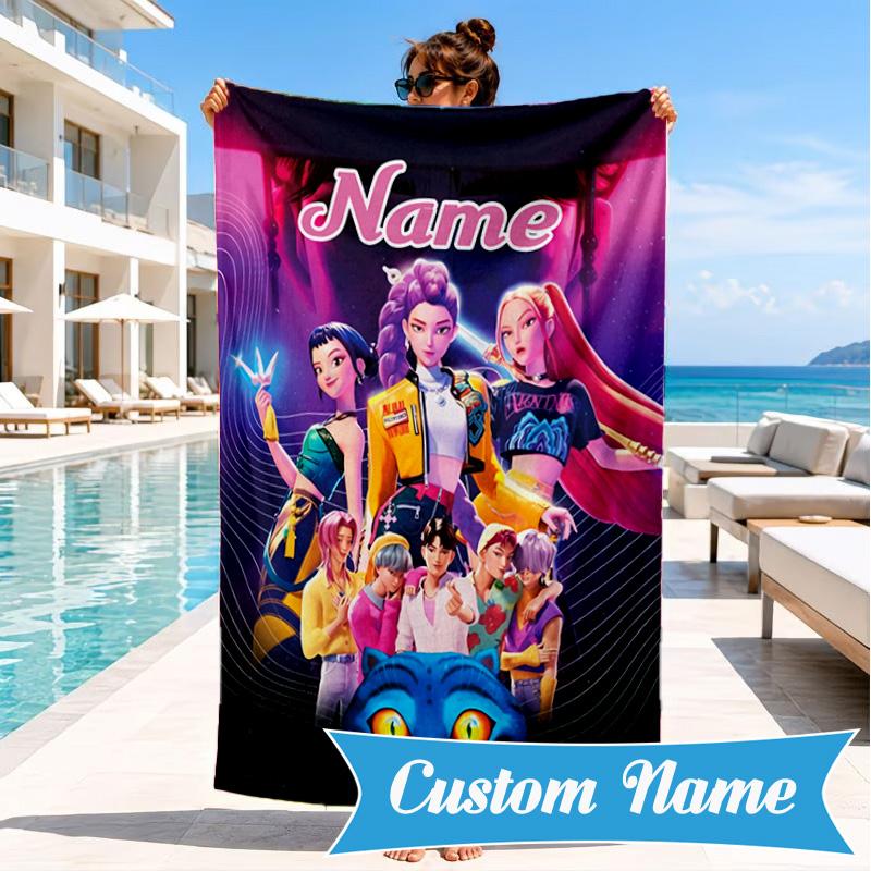 Custom Name KPop Cartoon Beach Towel Microfiber Beach Towel, Lightweight and Quick-Dry, for Summer Travel, Swimming Pool Gift
