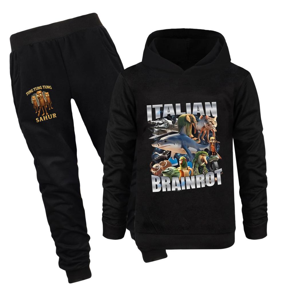 Tralalero Tralala Tung Tung Tung Funny Italian Brainrot Kids Boys Hoodie+Pants 2pcs Set Girls Tracksuit Children Outfits