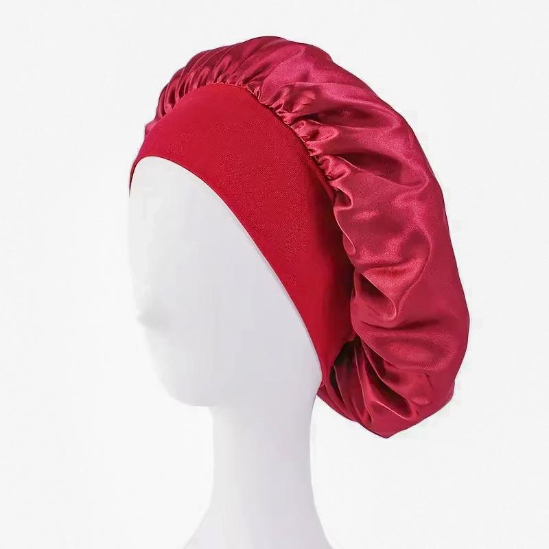 Women Satin Home Hair Shower Cap Comfortable Nightcap Casual Wide-brimmed Sleeping With Elasticated Floppy Band Cap Breathable