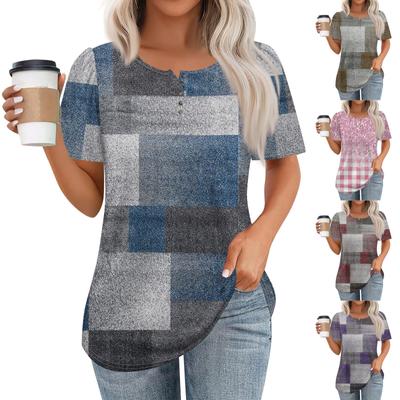 Pull-over décontracté à manches courtes et col rond pour femme, imprimé à boutons, à la mode