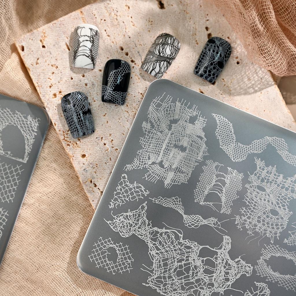 Precisions Engraved Nail Design Plate Offering Multifunctional Lace Checkerboard Patterns for Creative Nail Artists