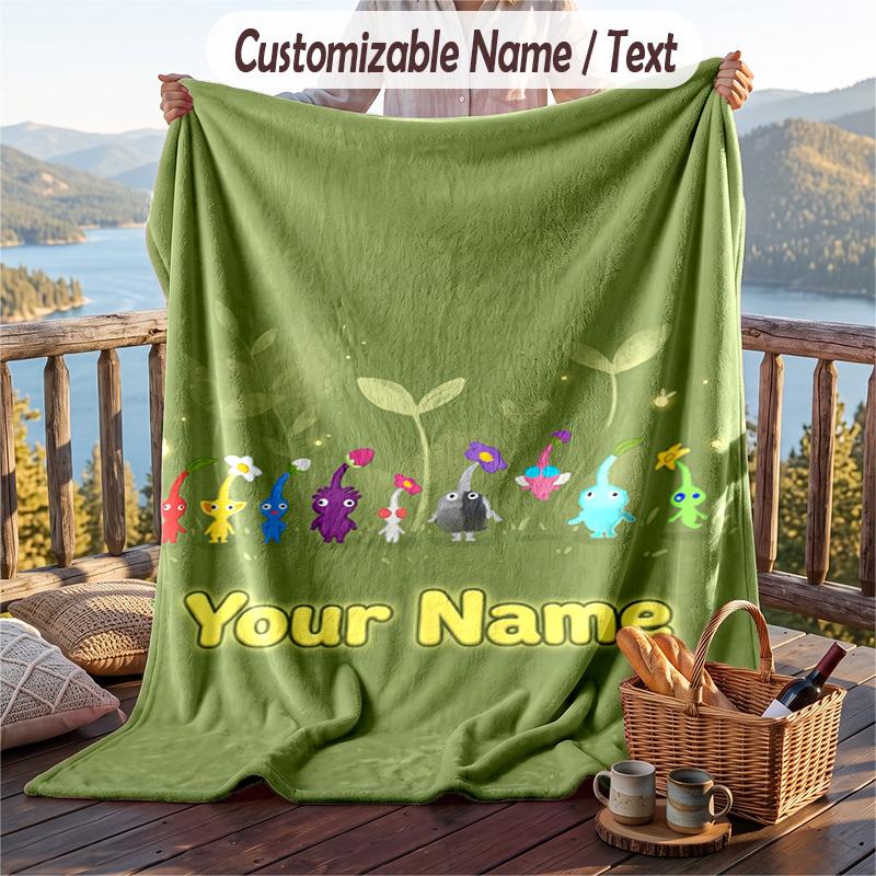 Custom Text Flannel Throw Blanket, Lightweight Cozy Bed Sofa BlanketPikmin