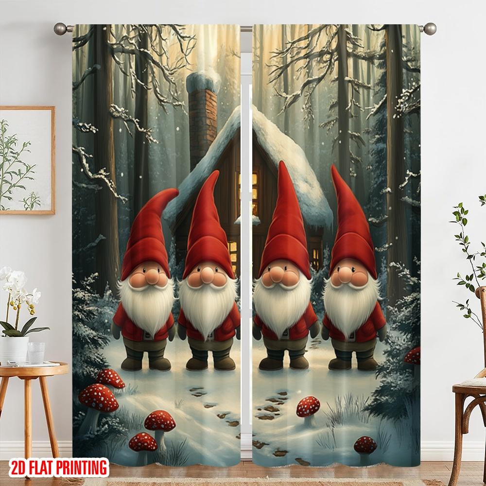 2 Stück, 2D-Flachdruckmuster Vorhänge Niedliche Wichtel Winterwaldszene Vielseitiges Polyester (ohne Stange) Art Deco Festlich für