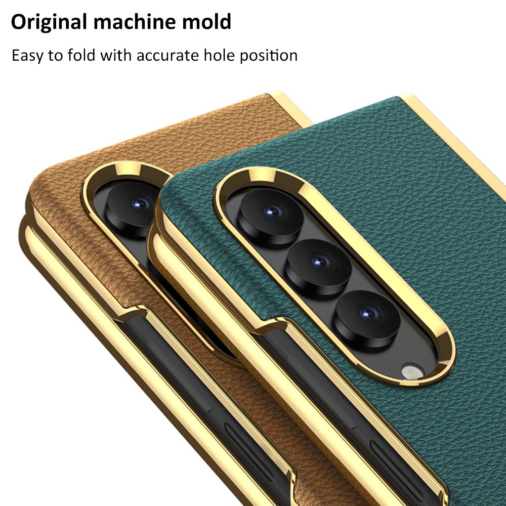 Luxury Electroplated Surface Plain Leather Phone Case For Samsung Galaxy Z Fold 4 Hard Slim Shockproof Back Cover