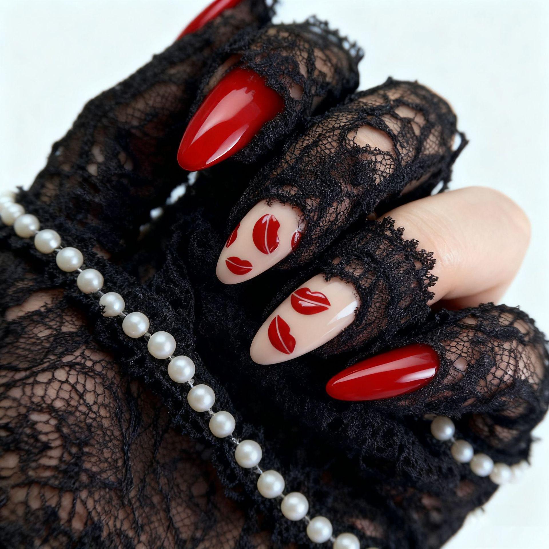 Valentine s Day hot-selling nail art, European and American fashion, sweet red lips, long almonds, wearing nail pads Free jelly glue + rubbing strips