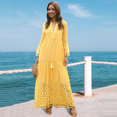 Frauen Kleid Casual Bohemian Große Größe V-ausschnitt Einfarbig Spitze Quaste Dame Langes Kleid