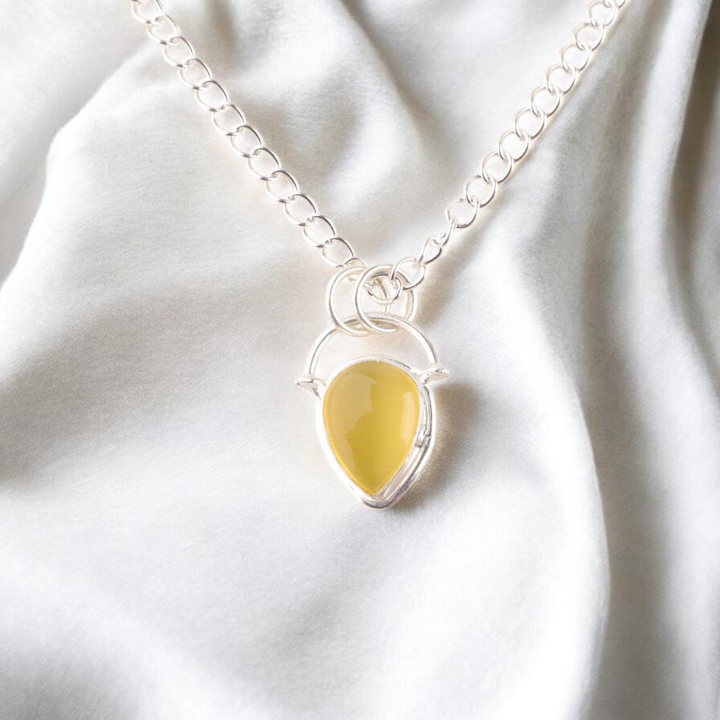 Yellow Cat's Eye Gemstone 925 Sterling Silver Jewelry Tiny Pendant Birthday Gift PP-56-42