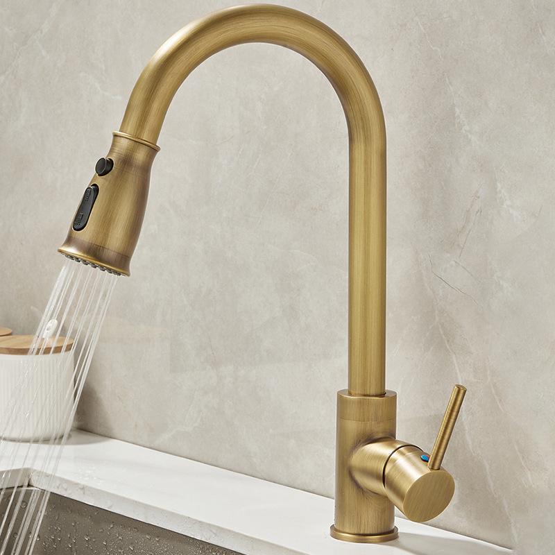Elegant European-Style Brass Kitchen Faucet with Pull-Out Sprayer for Hot and Cold Water
