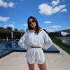 Womens Casual Hooded 2-Piece Set Long Sleeve Zip-Up Top With Drawstring Shorts Streetwear Outfit
