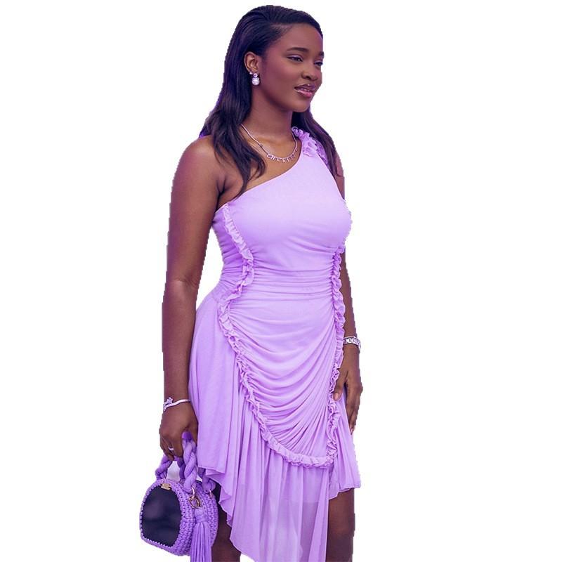 In stock, European and American women's clothing autumn new fashionable and elegant one-shoulder ruffle pleated dress