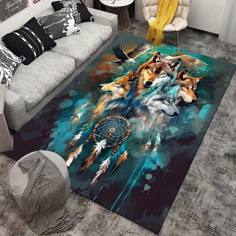 Dreamcatcher Wolves Rug - Native American Spirit Animal Art, Boho Chic Living Room Decor Anti slip carpet can be machine washed