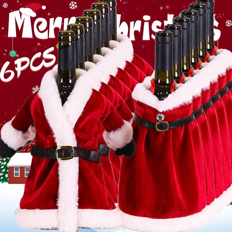 6/1pcs Golden Velvet Dress Clothes Wine Bottle Cover Christmas Wine Bottle Bags Xmas New Year Party Dinner Table Decoration Gift