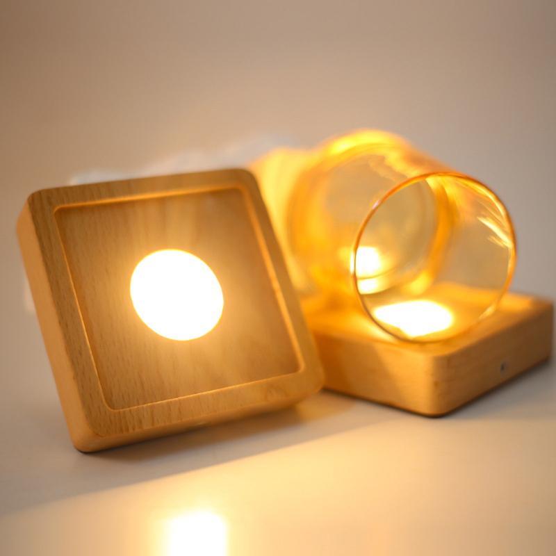 Square Led Wooden Lamp Holder Rechargeable Night Light Desktop Atmosphere Lamps Wood Panel Decorative Lights Base Art Fixtures