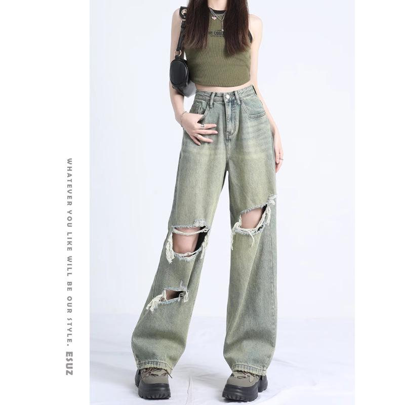 

Женские джинсы с высокой посадкой в американском ретро-стиле 2024 года, рваные, с широкими штанинами 2XL